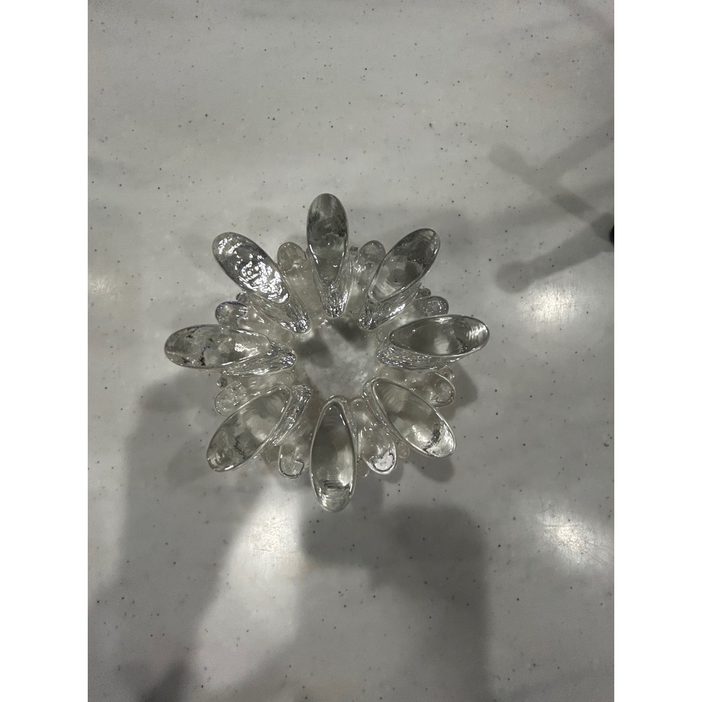 Vintage Heavy Clear Art Glass Sunburst Candle Holder German Textured Ice 5"